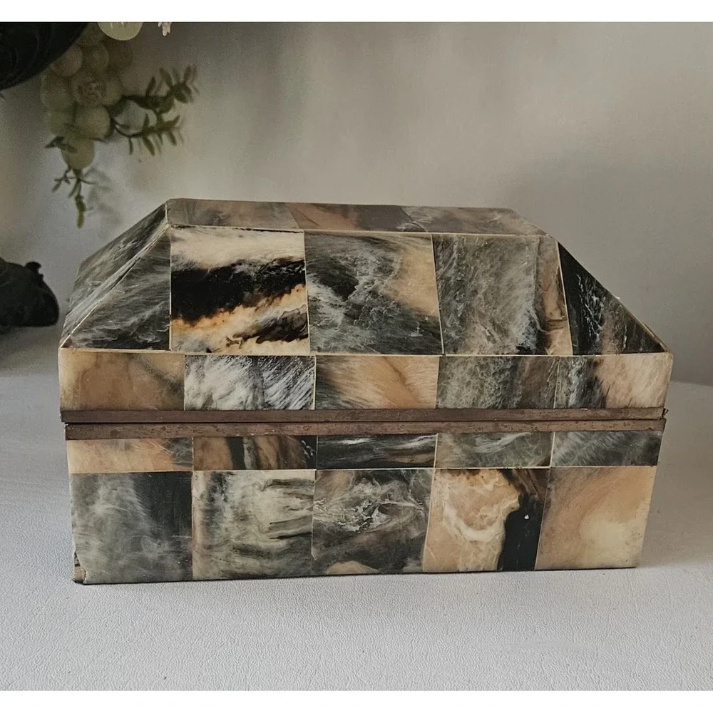 Vintage Tessellated Horn Trinket Box With Brass Trim